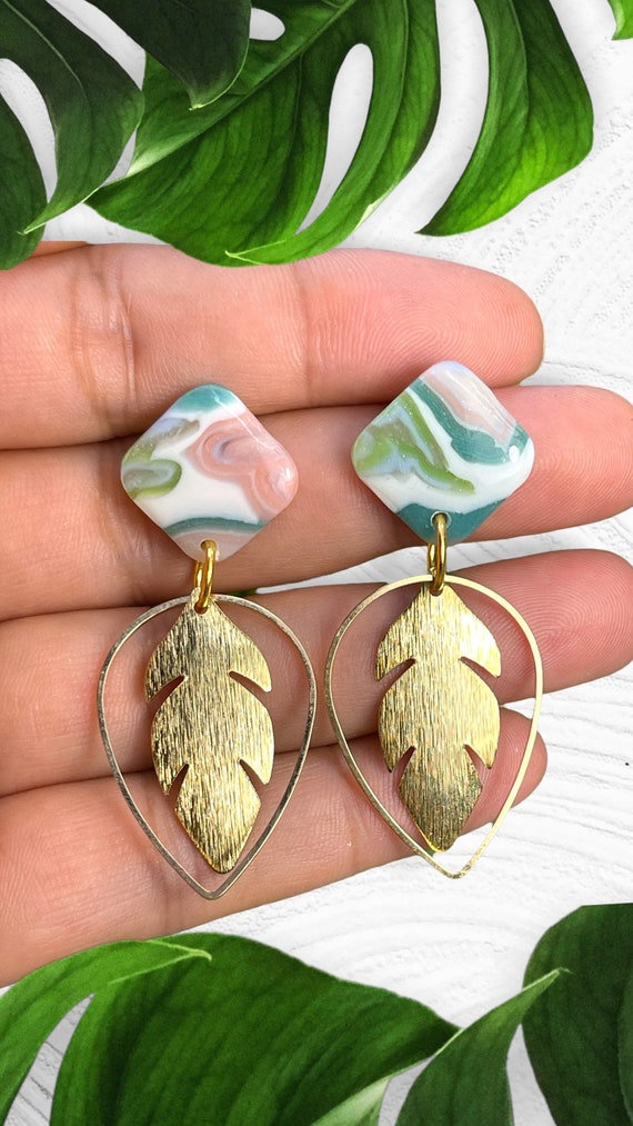 Ocean Jasper Faux Stone Collection Statement Earrings Clay Jewelry Lightweight Gold pearl Translucent Geode Lace Agate silver