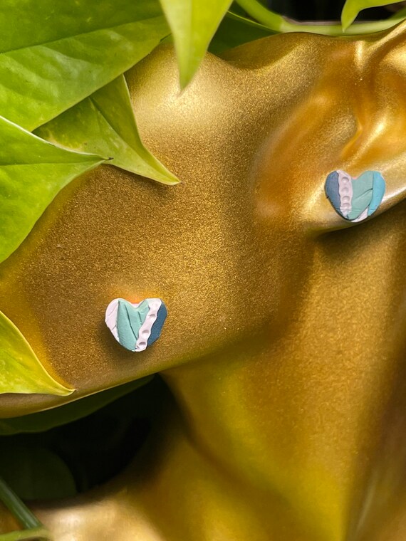 Tropical Abstract Stud Print Collection Statement Earrings Clay Jewelry cream ecru sage orange aqua pink teal stud mini Color blocked heart