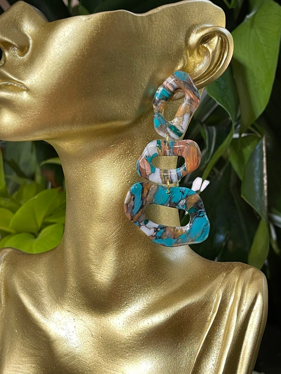 Fall Tropicals collection turquoise Statement Earrings Clay Jewelry Organic Art Bobo chic concrete