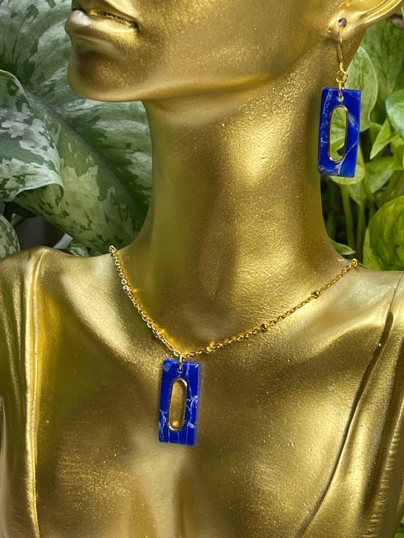 Lapis lazuli Stone Bar ball chain Collection Statement Necklace Clay Jewelry Lightweight GoldTranslucent Geode Lace Agate silver