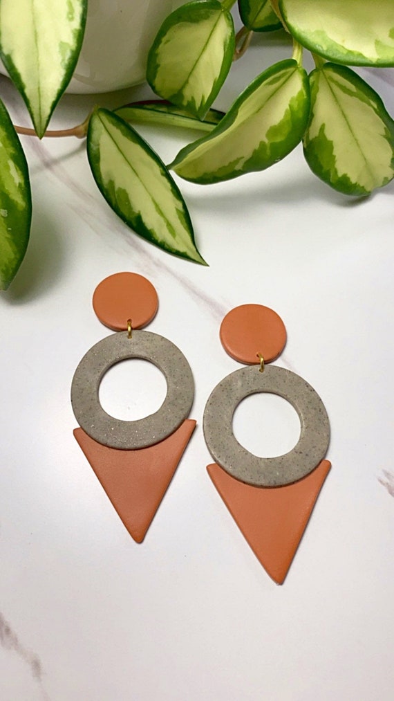 Nessa 90’s inspired Terra-Cotta Statement Earrings Fall polymer Clay clip ons dangle granite minimalist