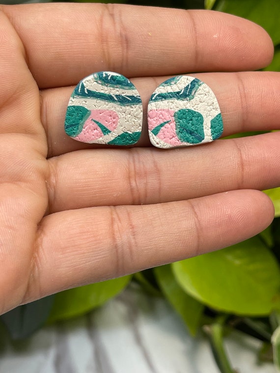 Tropical Abstract Stud Print Collection Statement Earrings Clay Jewelry cream ecru olive pink teal stud mini Color blocked