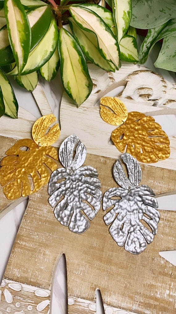 Hammered Monstera  XL Statement Earrings Metallic Gold  Silver   leaf statement