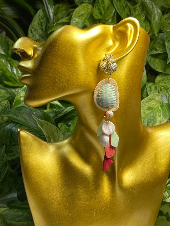 Mermaid Island Tropical Year Round collection Statement Earrings Hand cut Dangles shell coral