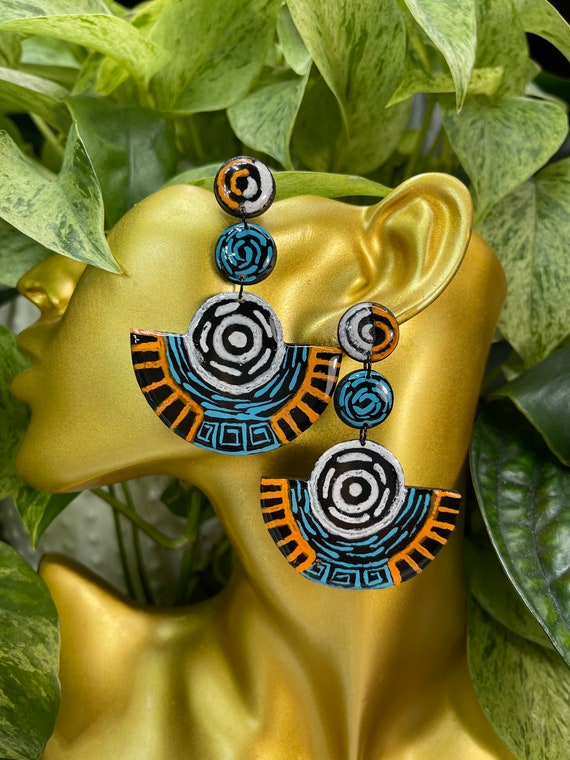 Tribal Life’s Journey Collection Hand Painted Statement Earrings Clay Handcrafted Dangles Black Bone