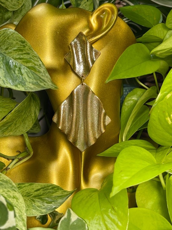 Draped in the Glam Glitter Double Statement Earrings Clay Handcrafted Silver Dangles draped wave gold
