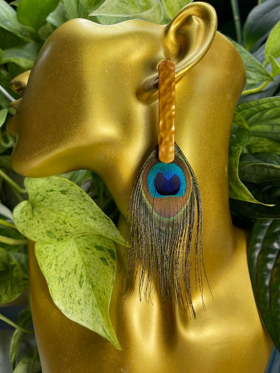 Peacock Blue Jungle Gold Earrings Tropical Statement Dangles Fringe Hand Cut Custom Stud