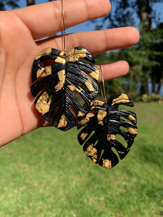 Palm Beach Monstera Big Statement Earrings Black Gold or silver Hooks Leaf Dangles