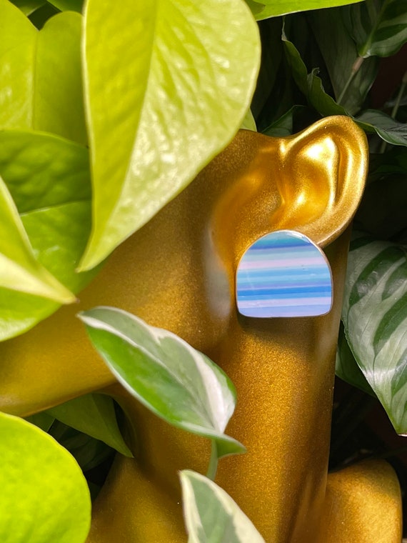 Ocean Striped studs Resin Coated Statement Earrings Clay silver Jewelry Lightweight Unique Vintage Look
