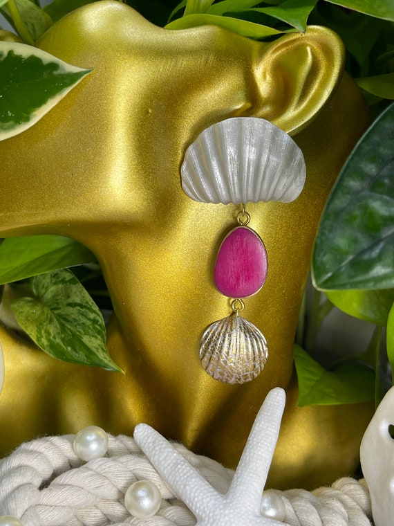 Shell Sea Glass Large collection Statement Earrings Hand cut Dangles Mermaid core Island Tropical Clay Hot Pink