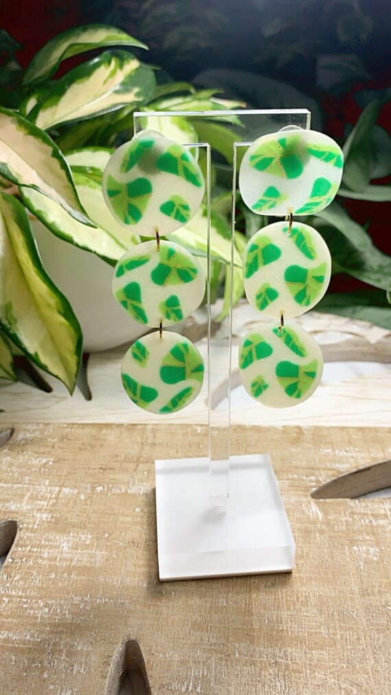 Monstera Painted Glass  Statement Earrings  Green Translucent  Resin Coated