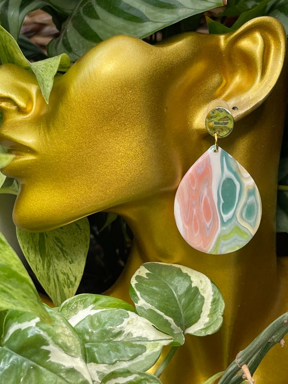 Ocean Jasper Faux Stone Collection Statement Earrings Clay Jewelry Lightweight Gold pearl Translucent Geode Lace Agate silver
