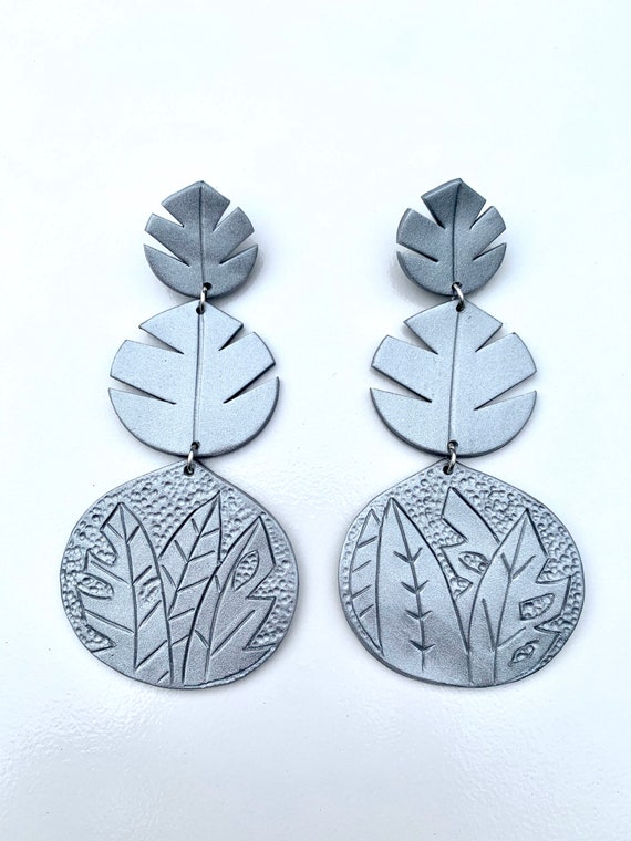Palm Beach tropical flowerFloral Statement Earrings Clay Original unique spring Dangles monstera silver