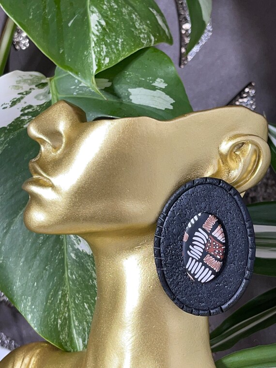 Tribal Print Life’s Journey Collection Statement Earrings Clay Handcrafted Dangles Black Ecru Cinnamon draped wave
