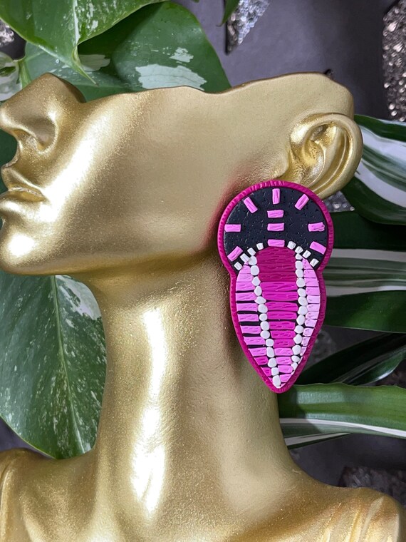Tribal Print Life’s Journey Collection Statement Earrings Clay Handcrafted Dangles Black Ecru Cinnamon