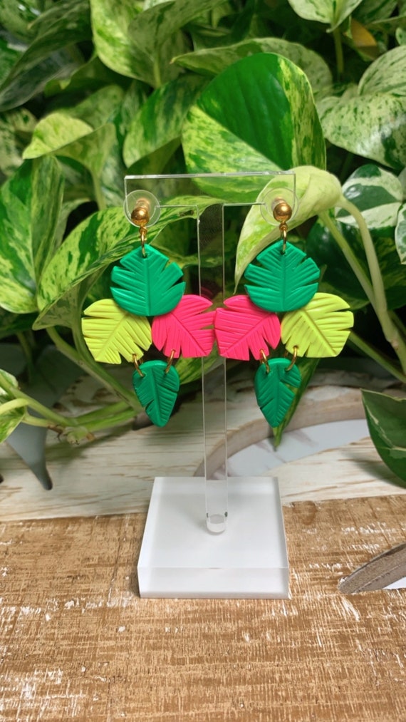 Paradise  Palm Statement Earrings Green pink neon Gold  leaf multicolored