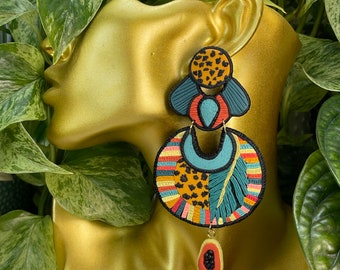 Resort Collection Statement Earrings Clay Handcrafted Dangles Jungle Cheetah Papaya
