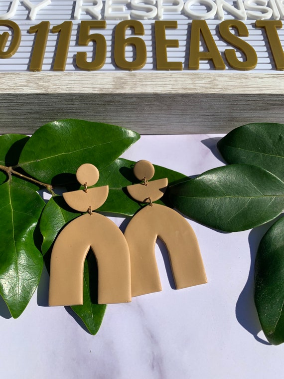 Shanlle Camel Arch Neutral Large Statement Earrings Clay Jewelry minimalist