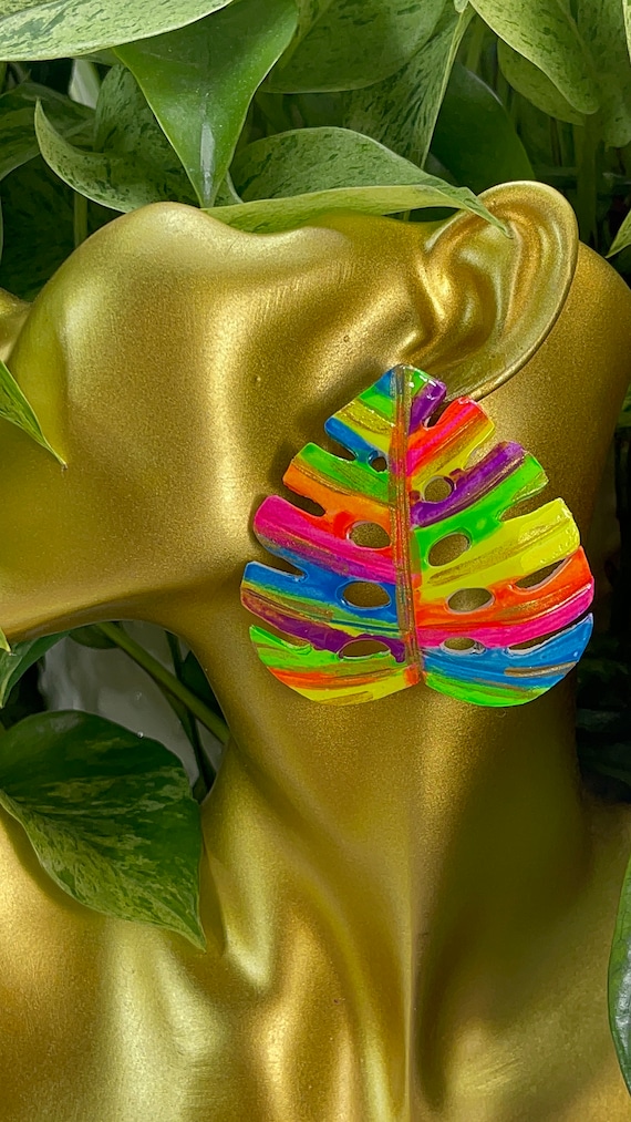 Neon Rainbow polka dots Hoop Large Statement Hand painted Gold Earrings Clay handcrafted wide Tropical small