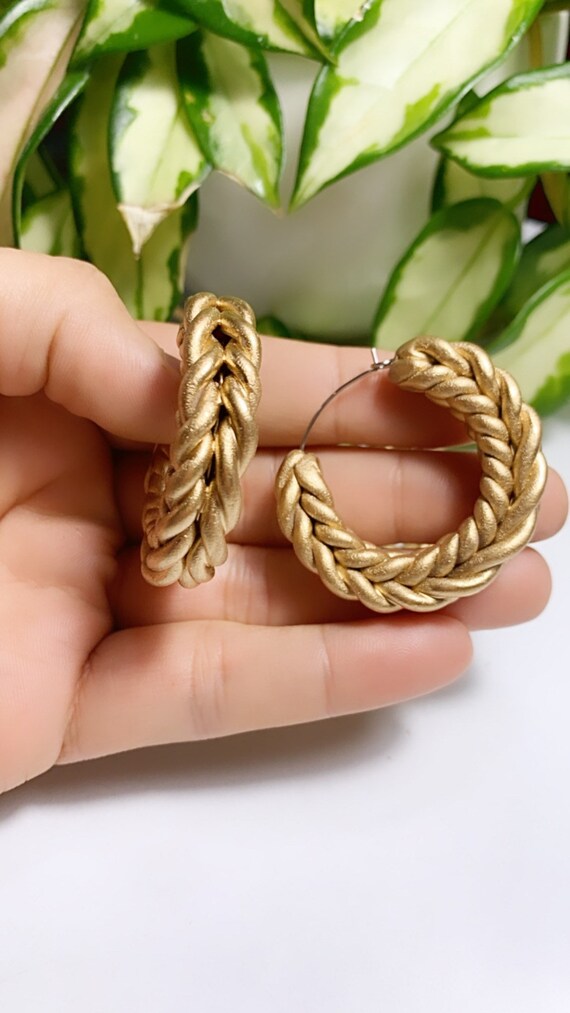 Rope Braid hoops medium Statement Gold Copper Earrings Clay hoops  knit crochet