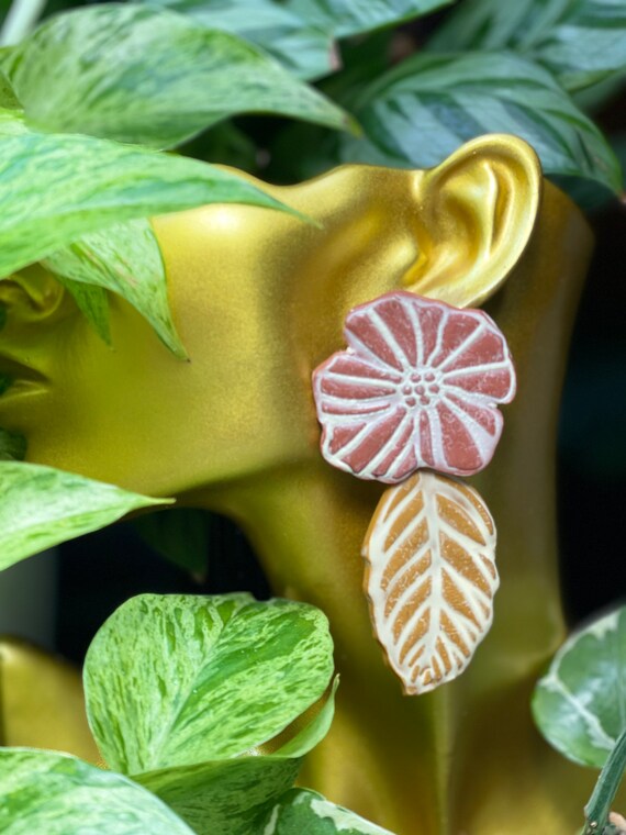 Hobo Fall Indie Floral Statement Earrings Clay Studs Dangles cream yellow teal burnt orange terra-cotta ceramic black