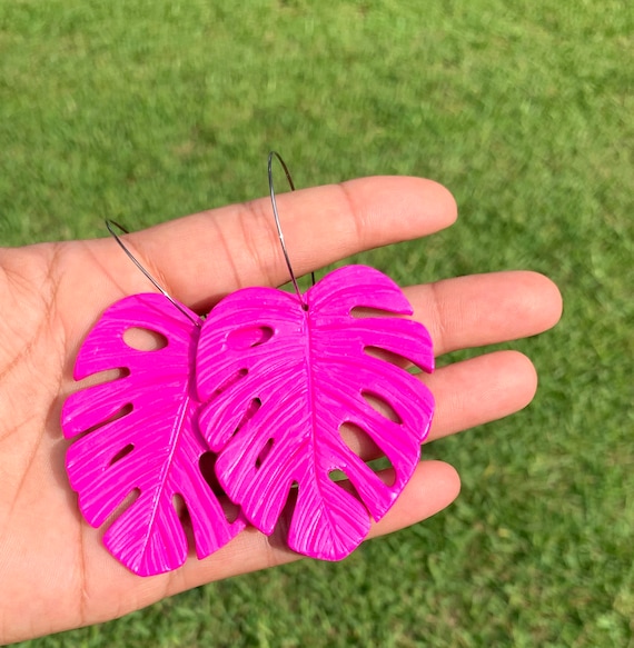 Palm Beach Monstera Big Statement Earrings Hot Pink Gold or silver Hoops Leaf Dangles