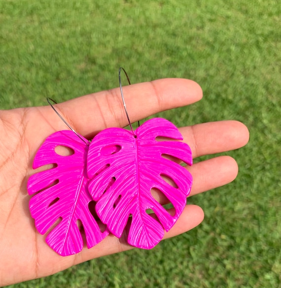 Palm Beach Monstera Big Statement Earrings  Hot Pink  Gold or silver Hoops Leaf Dangles