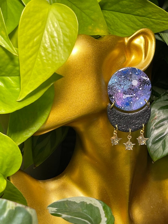 Luna Moon And Stars Galaxy Collection Statement Black blue pink purple white Earrings Clay Jewelry