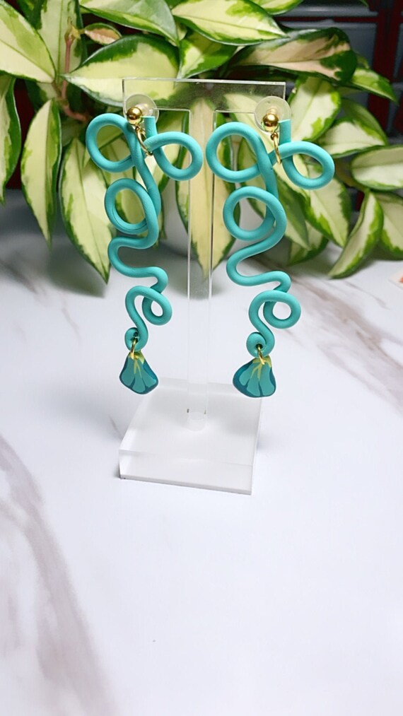 Spring Fling Love Coral Teal and gold Statement Earrings Large Dangles floral petal