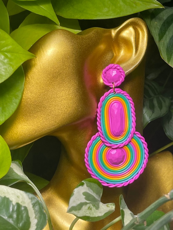 Fun Pop Soutache Inspired  Drop Statement Earrings Pink Hot Orange Yellow Blue Green  Made to order