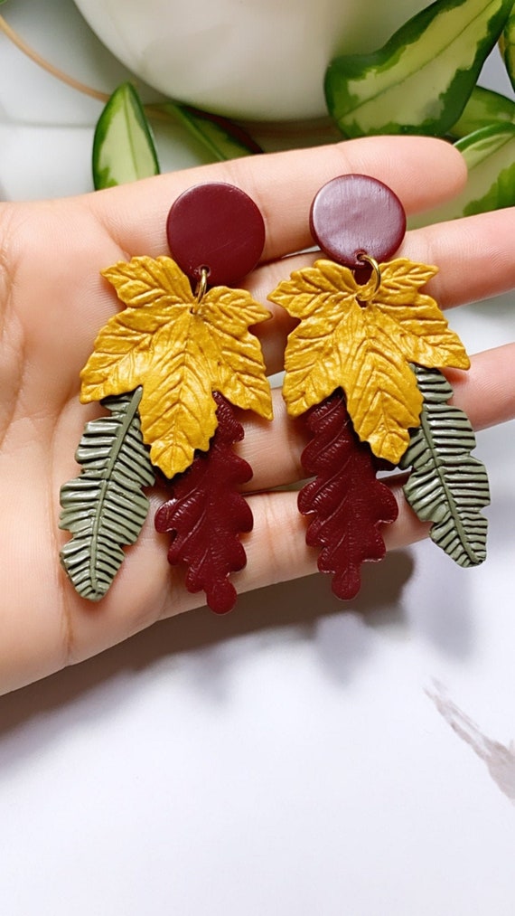 Autumn Maple Leaf Triple Threat Gold Olive Green Orange Burgundy maroon wine Statement Earrings Fall Leaves Clay hoops hooks clip ons dangle