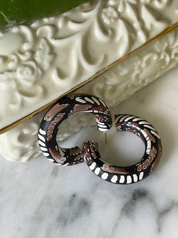 Tribal Print Life’s Journey Collection Statement Earrings Clay Handcrafted Dangles Black Ecru Cinnamon Hoops small