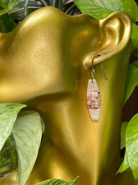 Tortoise Shell Pearl checkered stud Statement Earrings Clay Handcrafted Dangles draped wave gold checker board