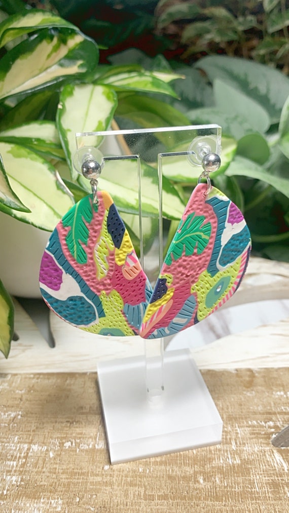 Toucan Dreams Limited Edition Abstract Textured Statement Earrings Green pink neon Gold Yellow blue floral flower leaf multicolored