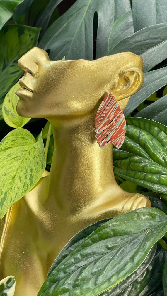 Indian Summer Collection BoHo Statement Earrings Clay Original unique Dangles Arrowhead Leaf Orange Rust Teal Yellow