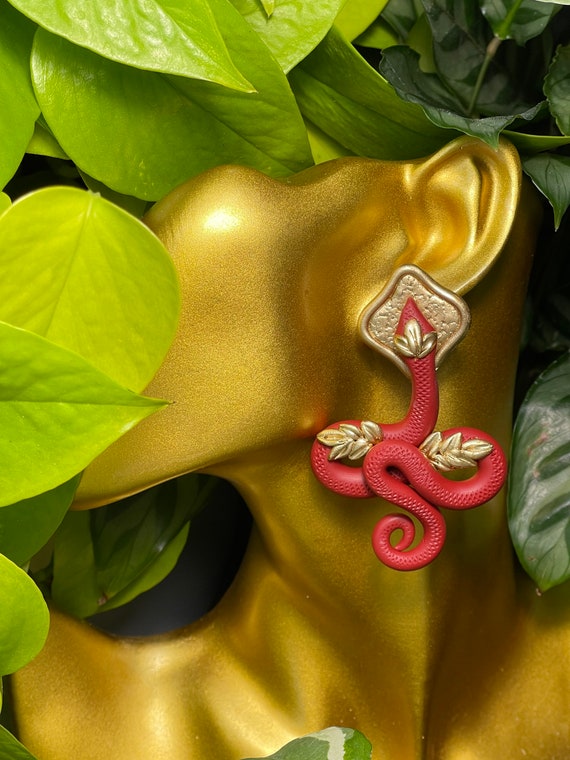 Jungle Slithereens Statement Earrings Large Silver Gold Post serpent snake Python Red cherry Gold studs boho