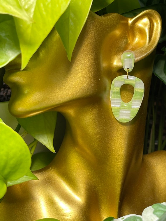 Green Checkered Translucent Metallic Collection Statement Earrings Clay Jewelry Lightweight Unique Vintage Look