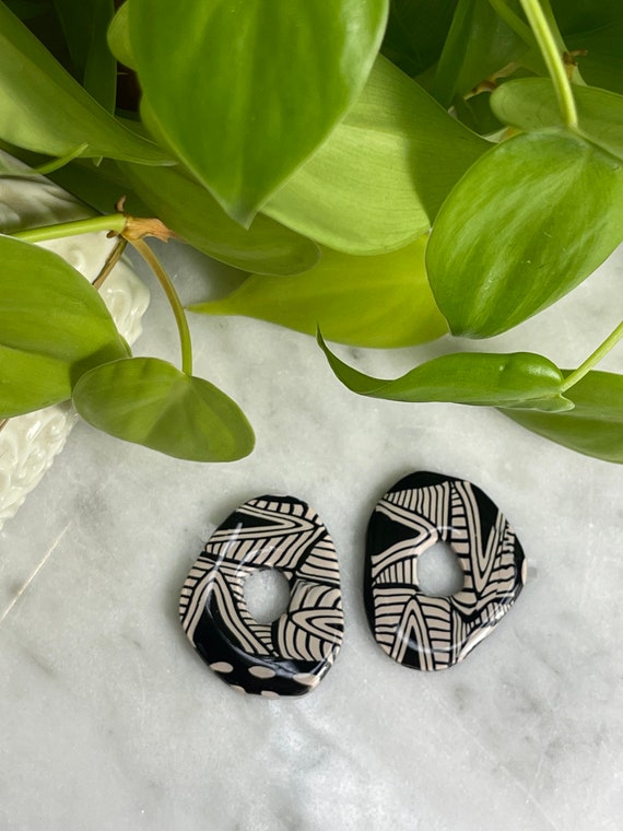 Tribal Black Cream Modern Earrings Statement Dangles organic wave Art for ears