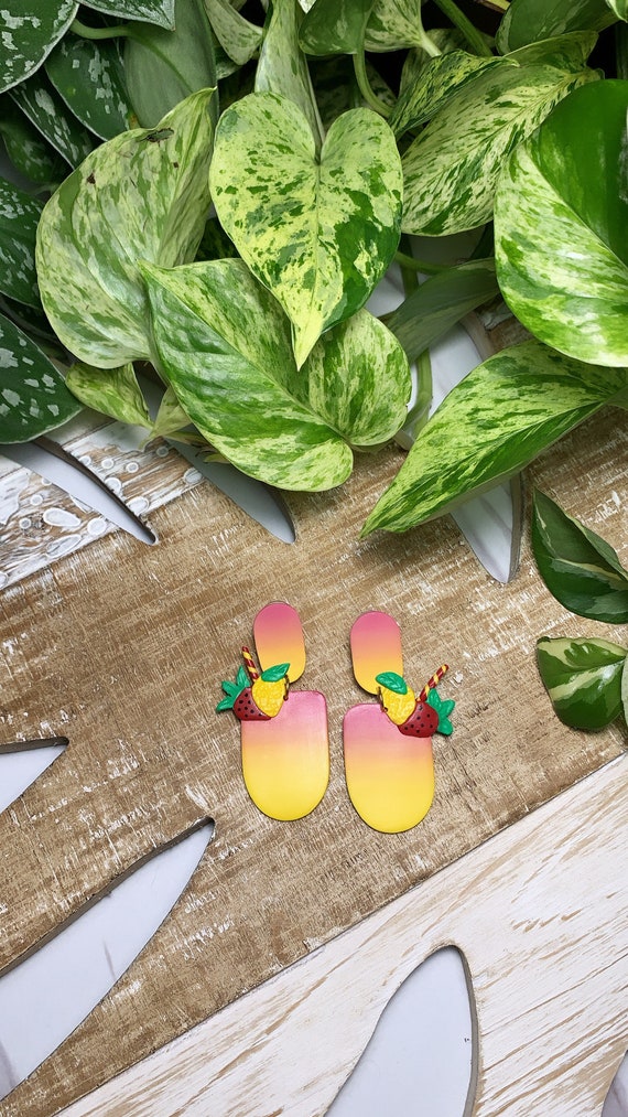 Strawberry Lemonade ombré Drink Statement Earrings gold silver Red Yellow ombré Green