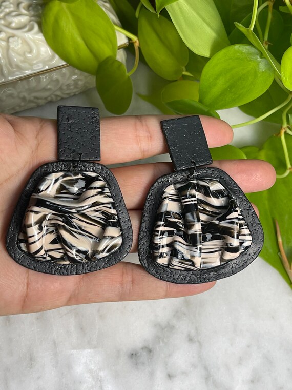 Tribal Black Cream Modern Earrings Statement Dangles organic wave Art for ears