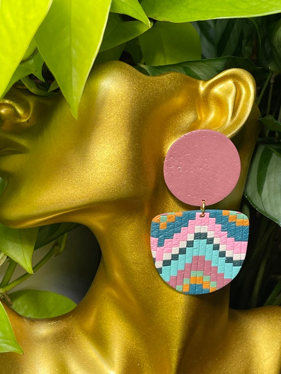 Bargello Color Block Pattern Collection Statement Earrings Clay Jewelry cream ecru olive orange pink teal stud mini Color blocked checkered