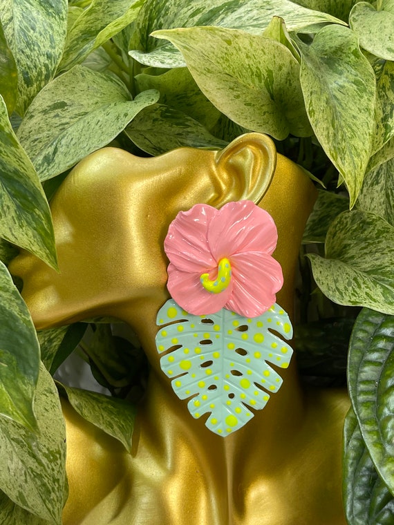 Spring Tropics 2 in 1 Removeable Statement Earrings Mint Neon Interchangeable tropical Island hand painted Leaf Dangles flowers editorial