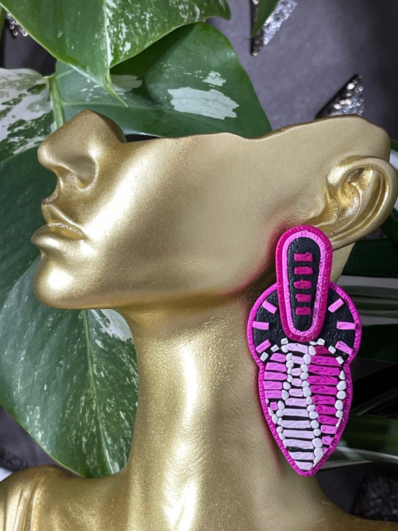 Tribal Print Life’s Journey Collection Statement Earrings Clay Handcrafted Dangles Black White pink