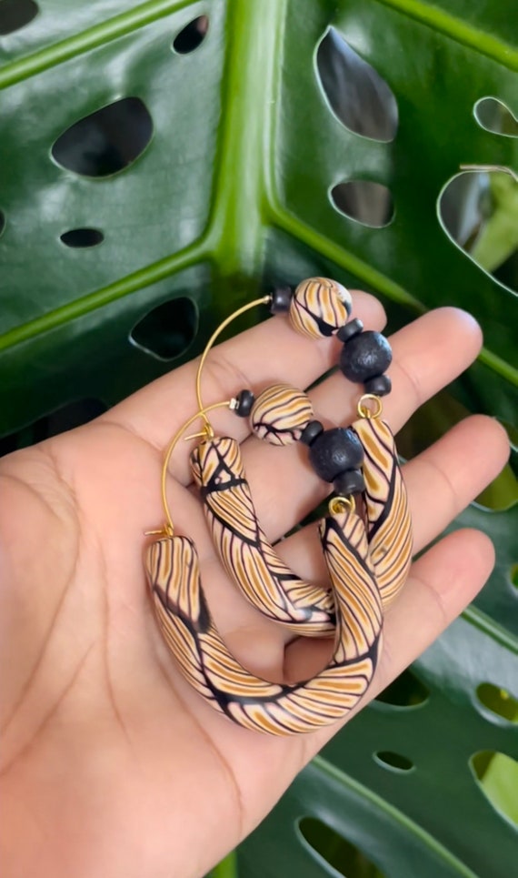 Hand Carved hoops Collection Statement Earrings Clay Handcrafted Dangles Black yellow Hoops large