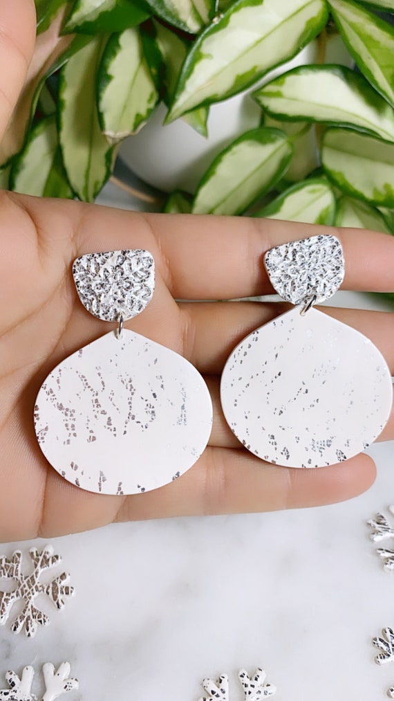 Winter Wonderland Let It Snow Collection stud dangle Statement Earrings Clay Jewelry Green tree sage silver foil