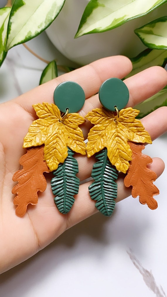 Autumn Maple Leaf Triple Threat Gold Forest Green Orange terra-cotta Statement Earrings Fall Leaves Clay hoops hooks clip ons dangle