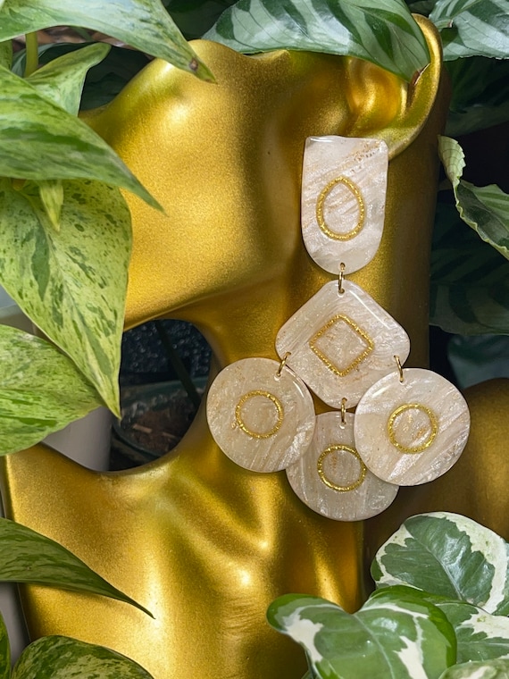 Cream Marble Dream Drama Bridal Faux Stone Collection Oversized Mega Statement Earrings quartz unique Gold Translucent Vintage