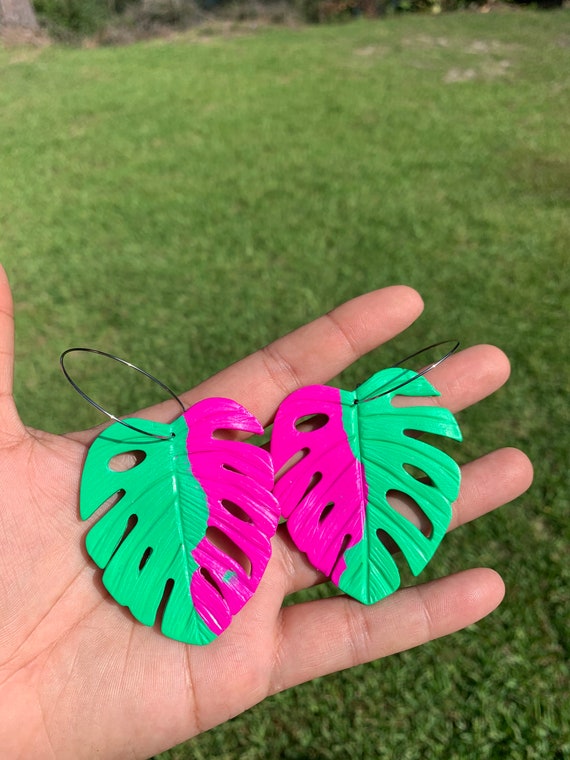 Palm Beach Variegated Monstera Big Statement Earrings Green Hot Pink  Gold or silver Hoops Leaf Dangles