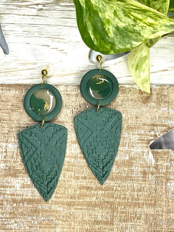 Indian Summer Collection BoHo Statement Earrings Clay Original unique Dangles Arrowhead Leaf Orange Rust Teal Yellow