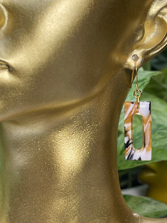 Calico Marble Dream Faux Stone Collection Square oval Small Statement Earrings Clay Lightweight Unique Black Gold Translucent Saints
